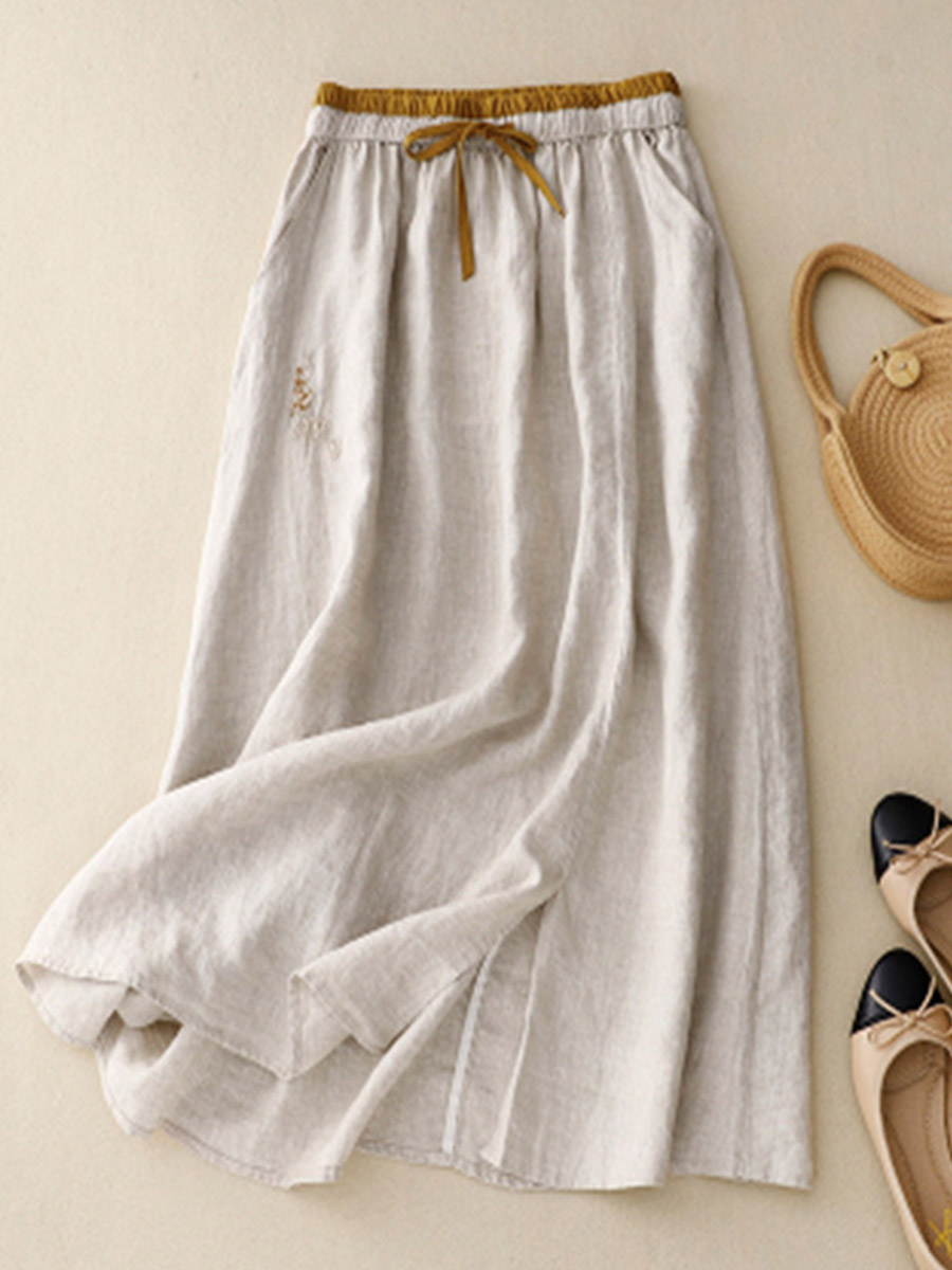 Women's Artistic Embroidery Elastic Waist Colorblock A-Line Loose Linen Skirt