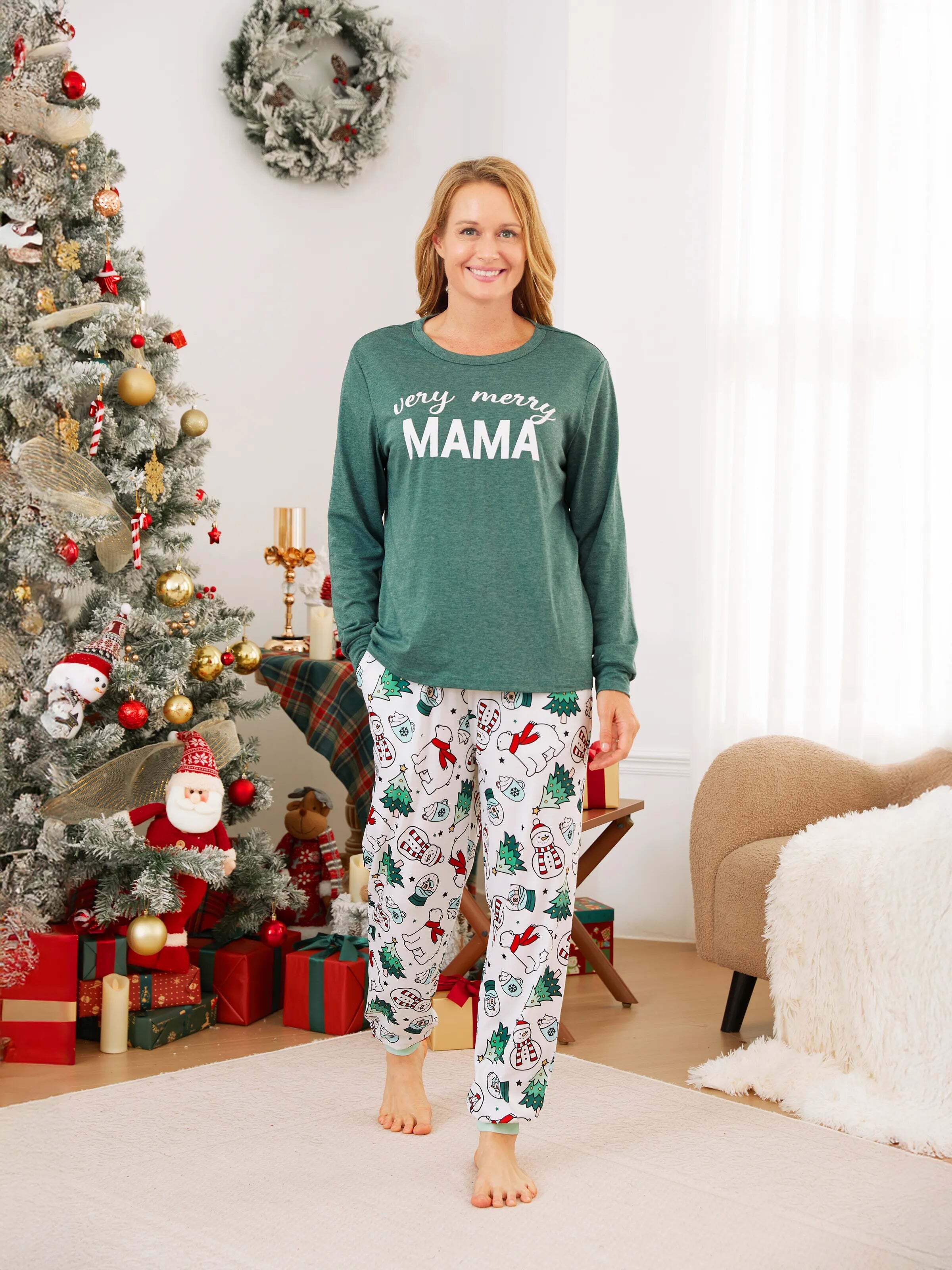 Christmas Family Matching Long Sleeves Very Merry Green Tops Allover Pattern Pants Pajamas Sets with Christmas Socks MediumSpringGreen