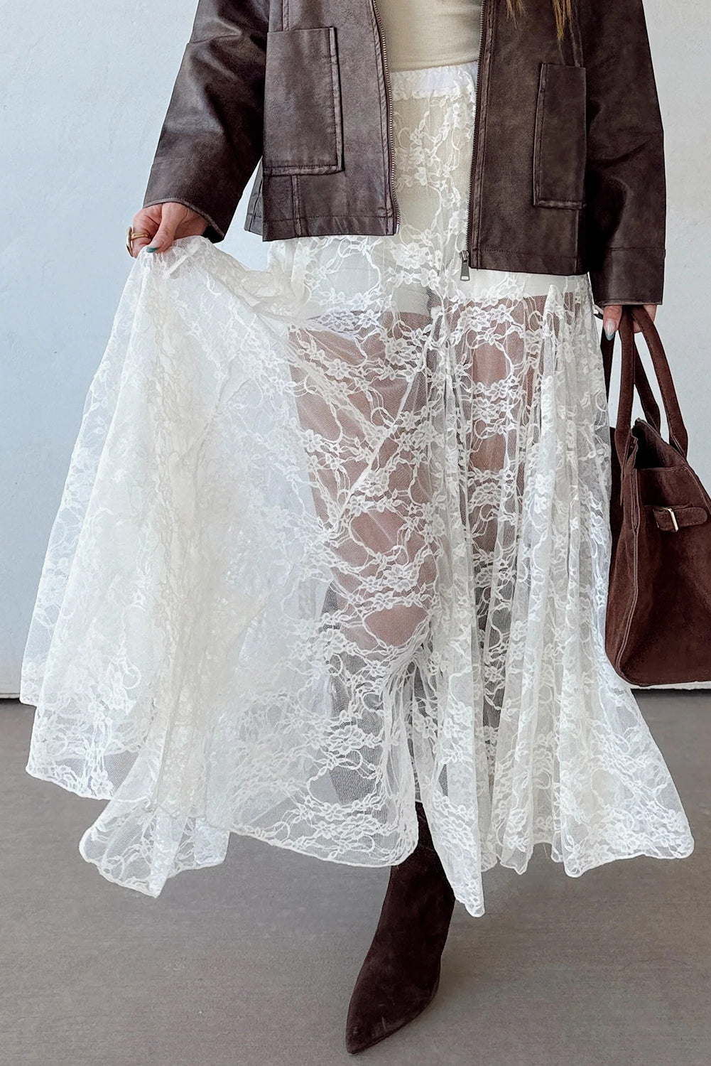 White Sheer Floral Lace Flowy Maxi Skirt
