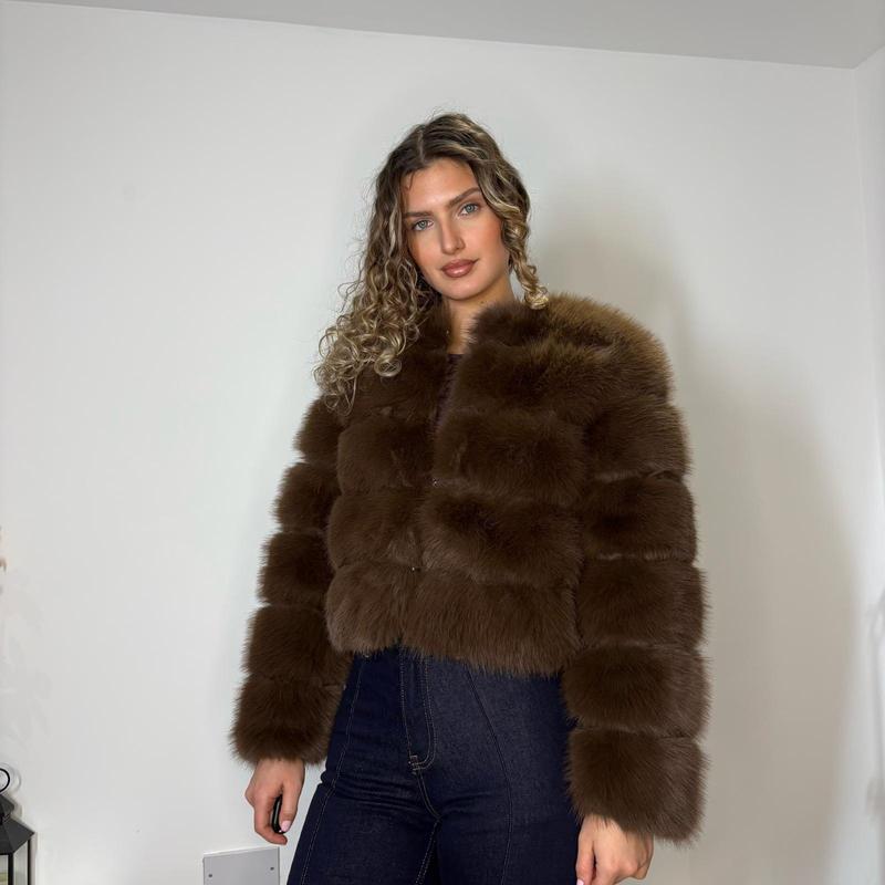 Faux Fur Cropped Collarless -Tiered Panel Winter Fluffy Soft Bubble Chunky Thick Coat Jacket Comfort Womenswear