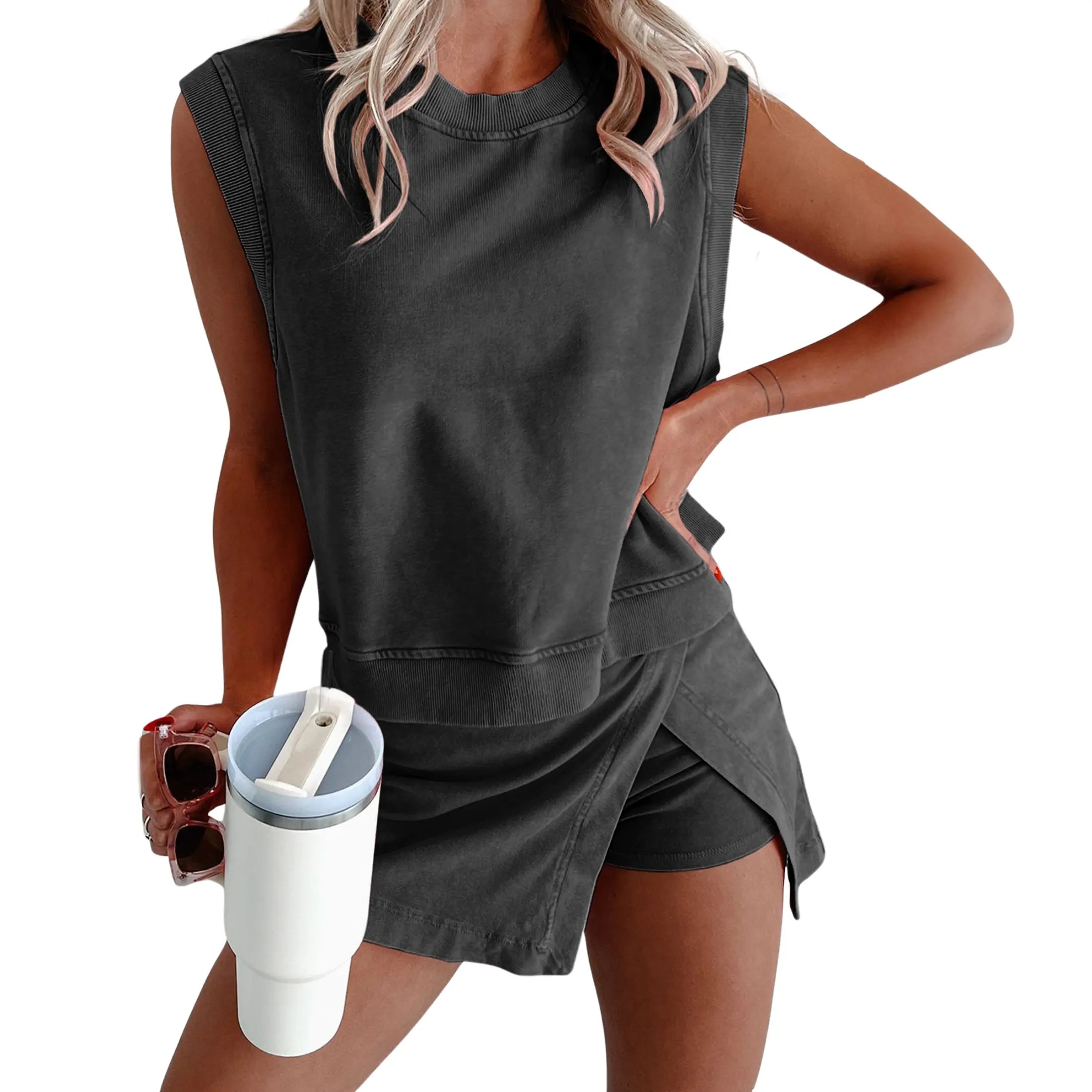 Tanming Womens Travel Outfits Summer Lounge Set Two Pieces Mineral Wash Cotton Tank Top Lined Split Athletic Skirt Set SummerFreshness