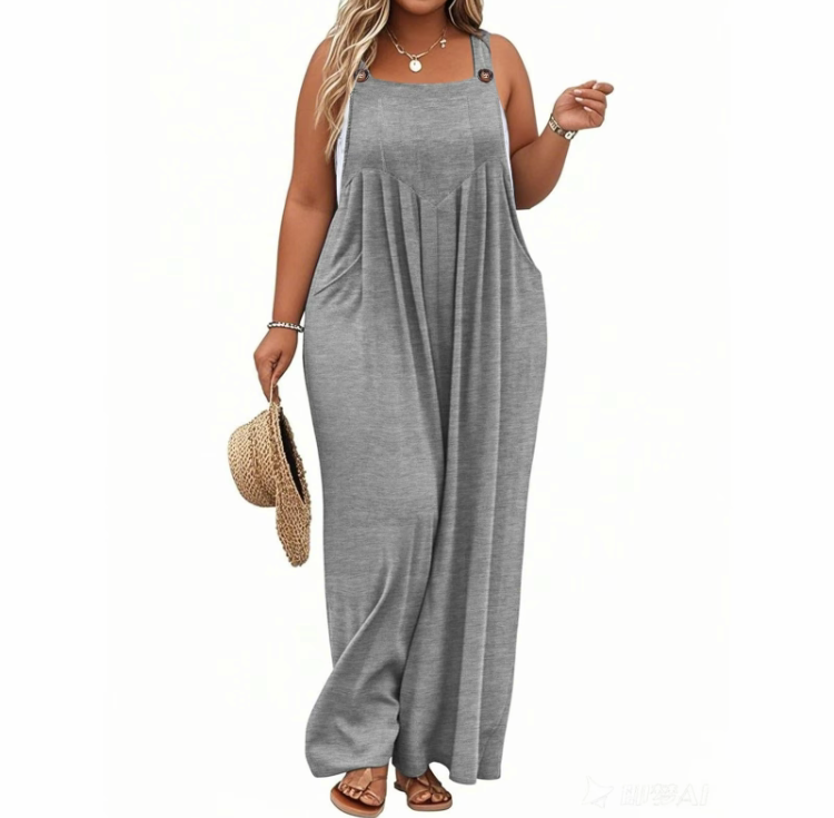 2025 Plus Size Wide Leg Jumpsuit – Loose Summer Romper with Pockets
