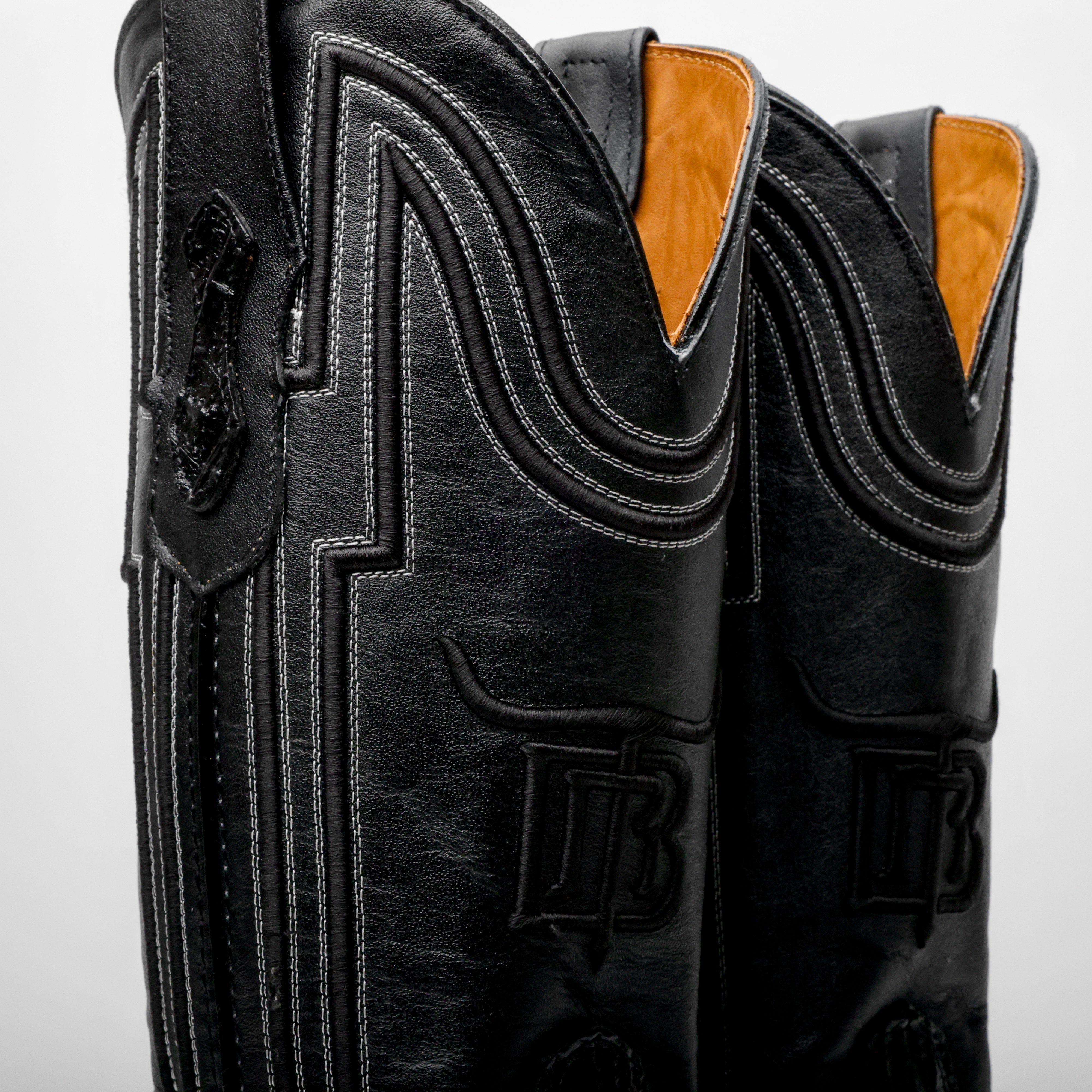 Black Caiman Neck Leather Boots - Square Toe