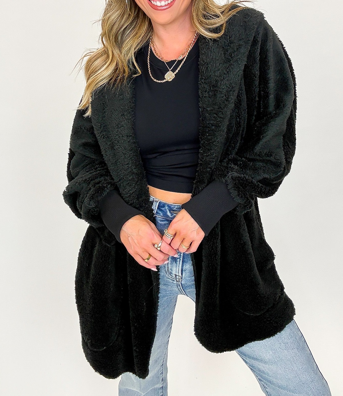 Cozy Crest Hooded Faux Fur Jacket