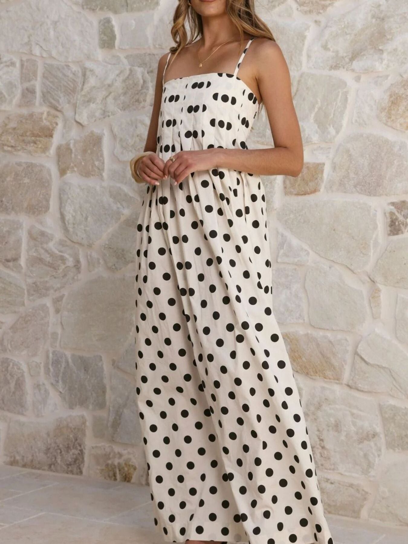 Polka Dot Pleated Detail Maxi Dress