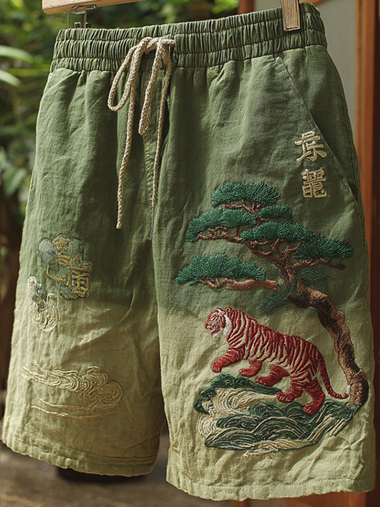 Men's Japanese Tiger Art Contrast Linen Short Pants