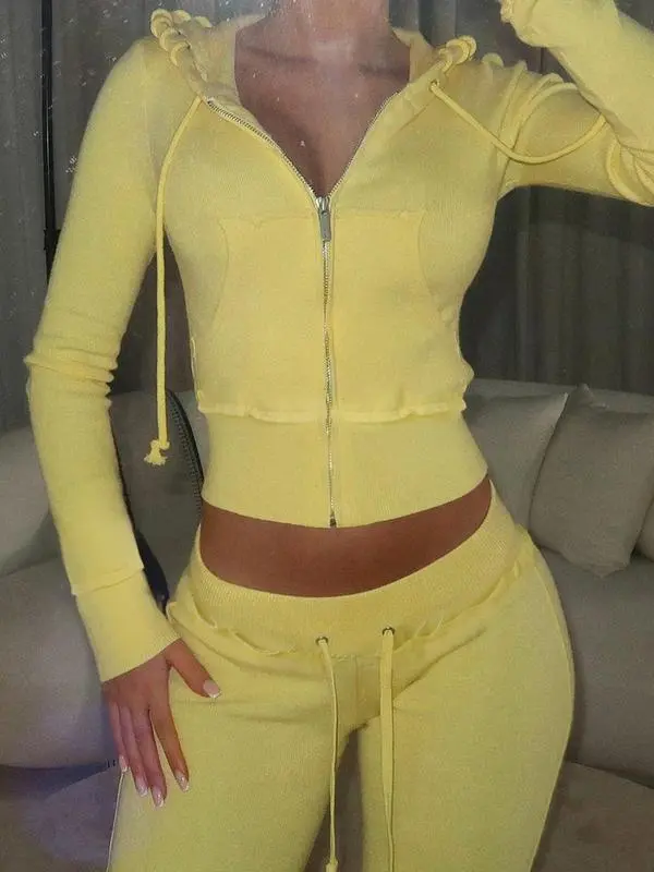 Women's Solid Drawstring Zip Up Crop Hooded Jacket Sets