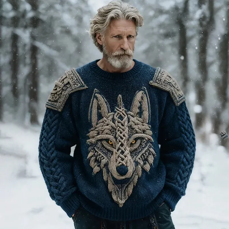 Men's Vintage Wolf Head Celtic Knot Crew Neck Sweater