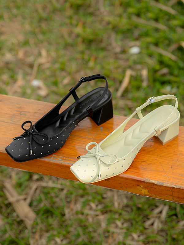 Belt Buckle Rhinestone Split-Joint Square-Toe Sling Shoes Pumps