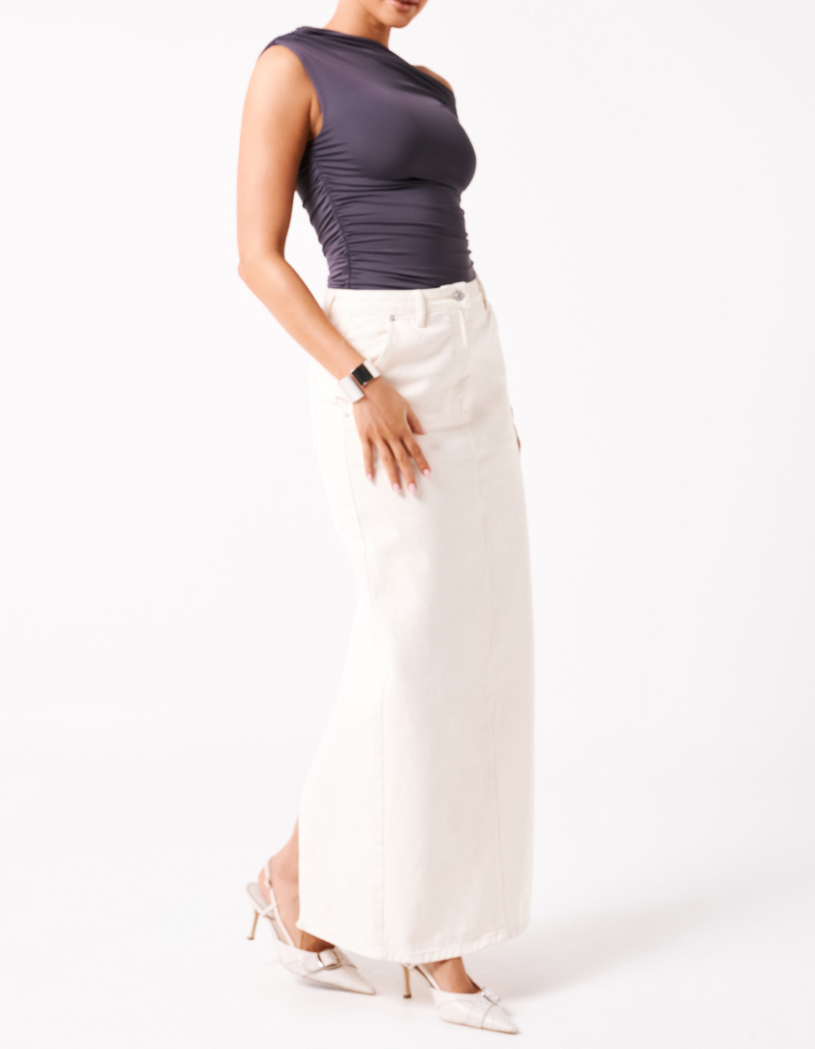 Charcoal Recycled Nylon Ruched Top