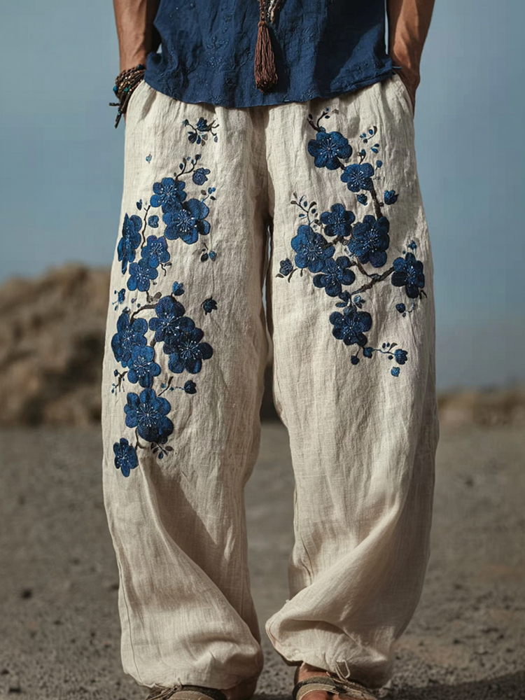Men's Japanese Blue Plum Blossom Art Vintage Linen Pants