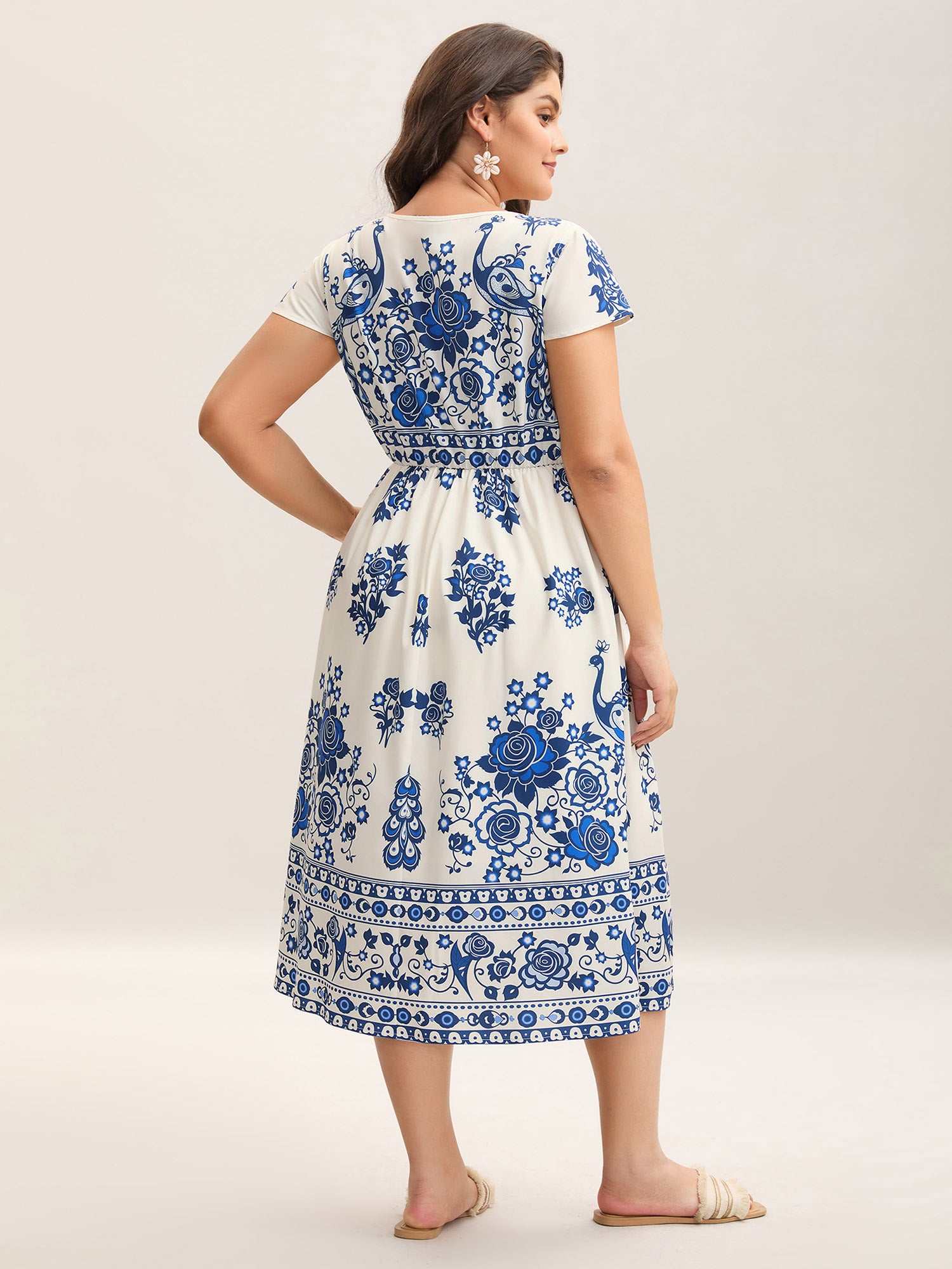 Boho Print V-Neck Pockets Midi Dress