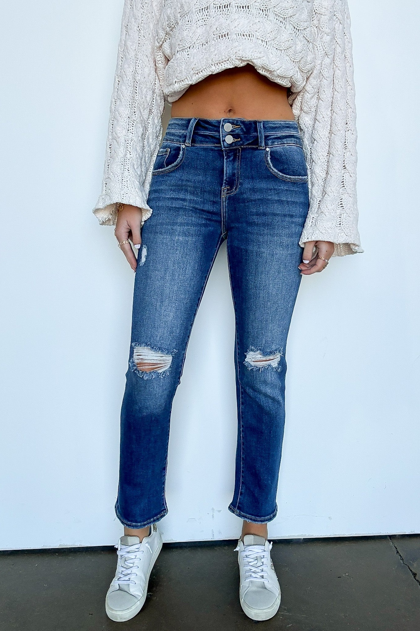 High Rise Distressed Slim Straight Jeans