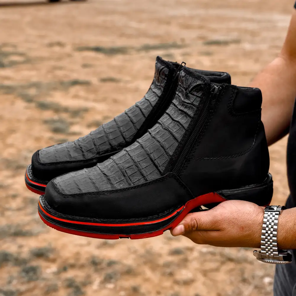 Black Caiman Belly Leather Botin With 3D Lightweight Soles - Square Toe