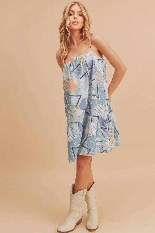 Printed Ruffled Hem Square Neck Mini Cami Dress