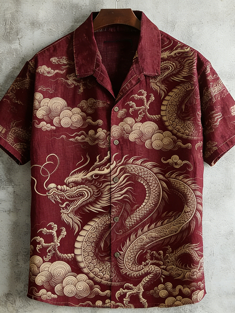 Japanese Art Retro Dragon Pattern Men's Short Sleeve Shirt