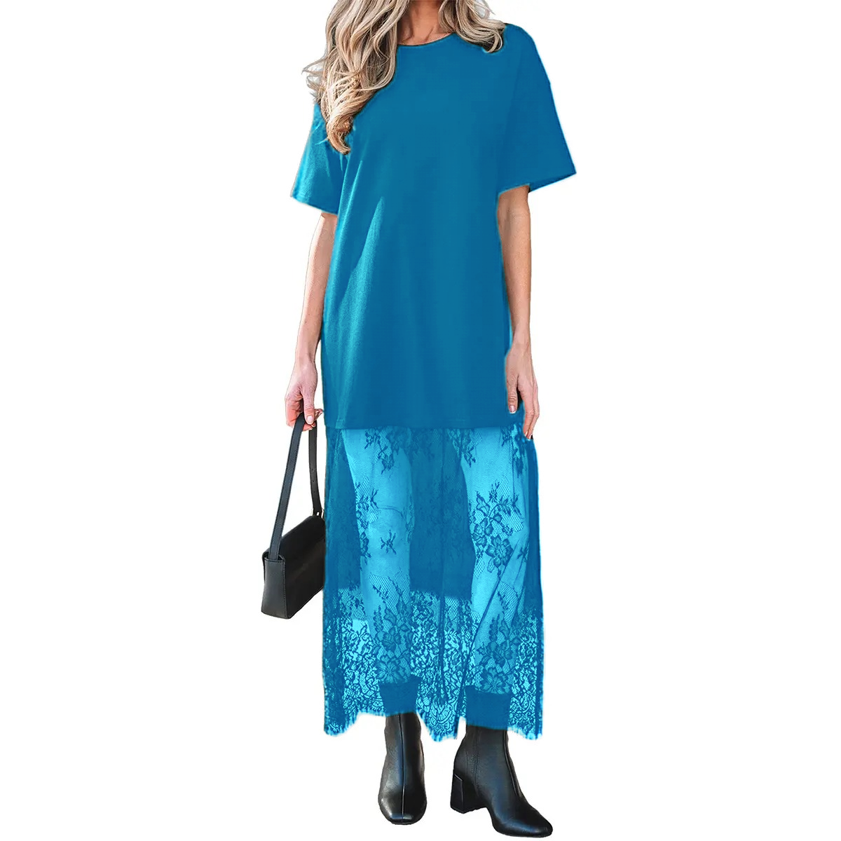 Women’s Oversized T-Shirt Maxi Dress with Sheer Lace Hem