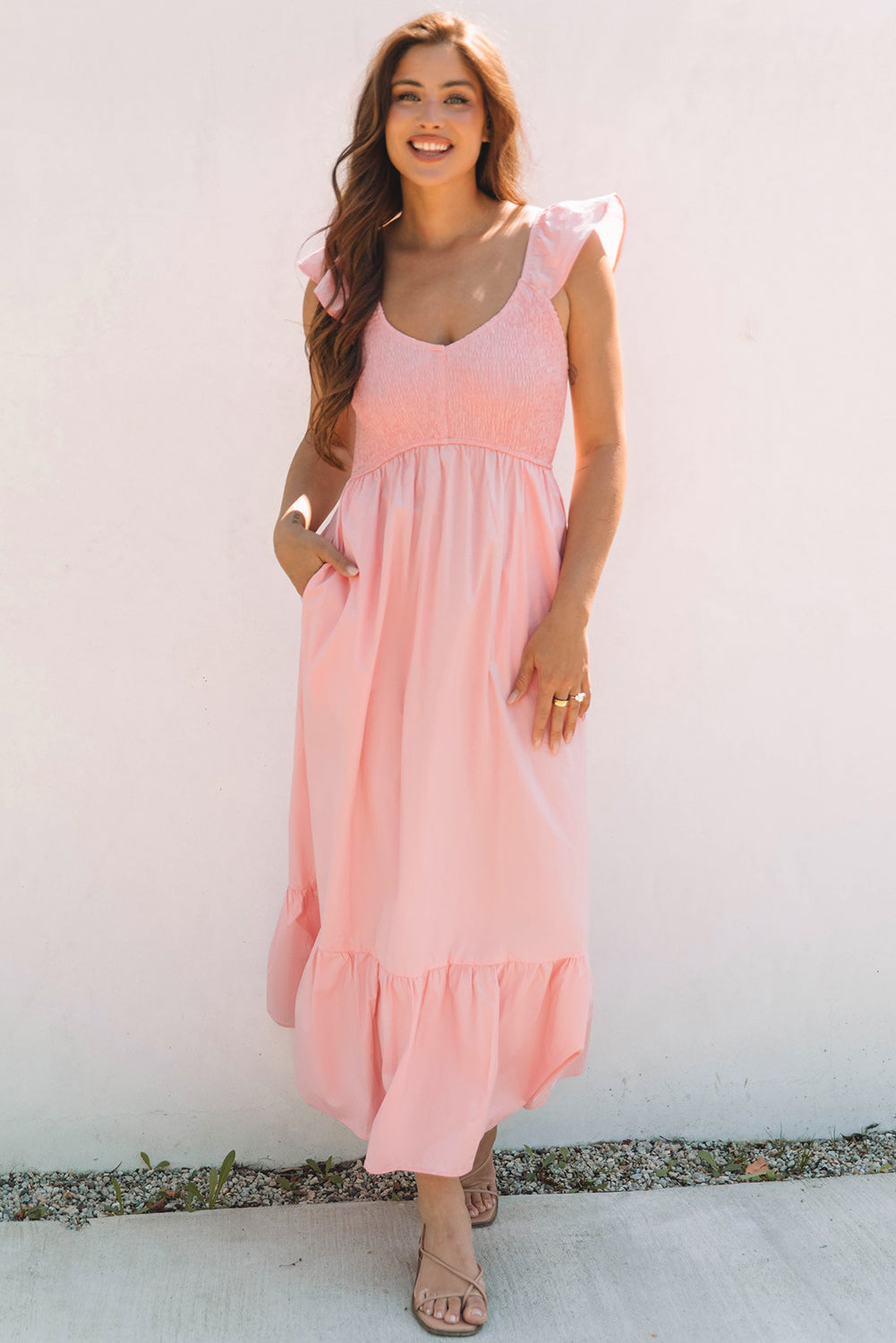 Pink V Neck Flutter Sleeve Smocked Bodice High Waist Ruffle Maxi Dress