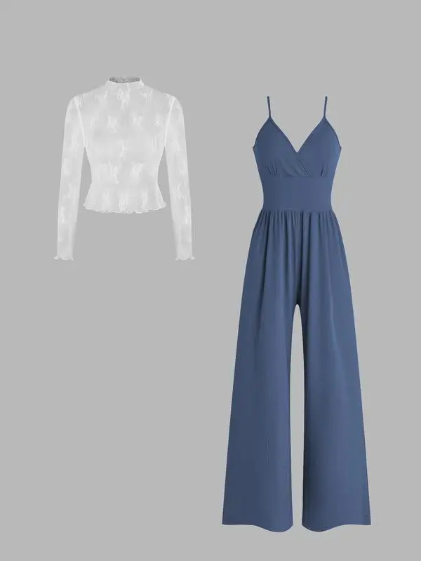 Women's Solid Color Lettuce Trim Mock Neck Sheer Lace Top & Pocket Wide Leg Cami Jumpsuit