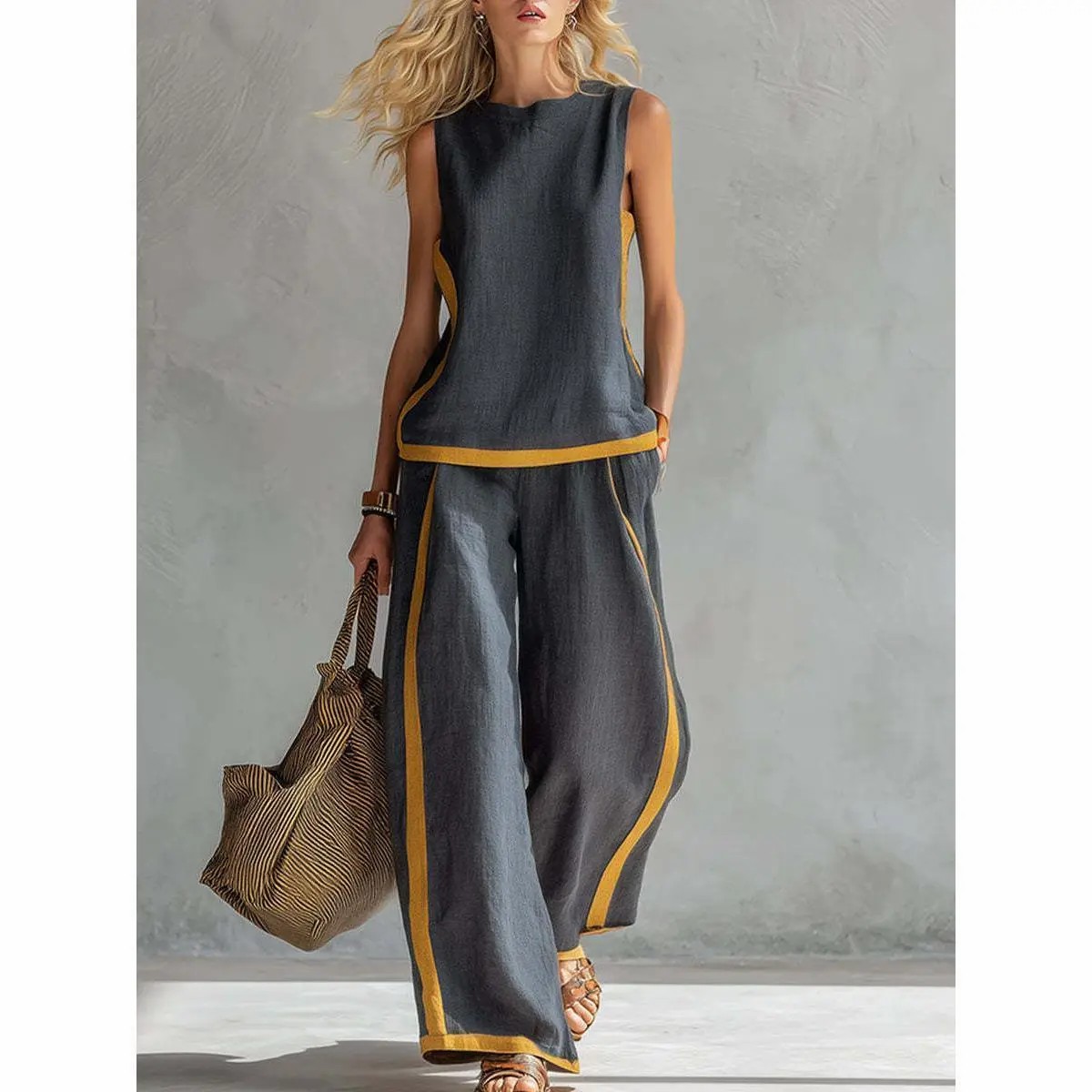 2026 Blend Two Piece Set for Women Sleeveless Color Block Top Wide Leg Pants Set Casual Summer Outfit