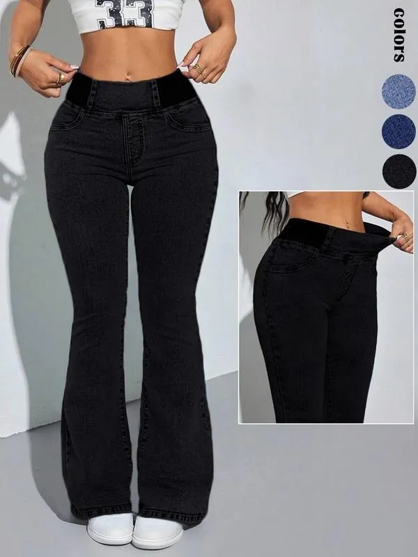 Women's Back Shirred Jeans, Mid - Rise Elasticity Waist Flared Jeans