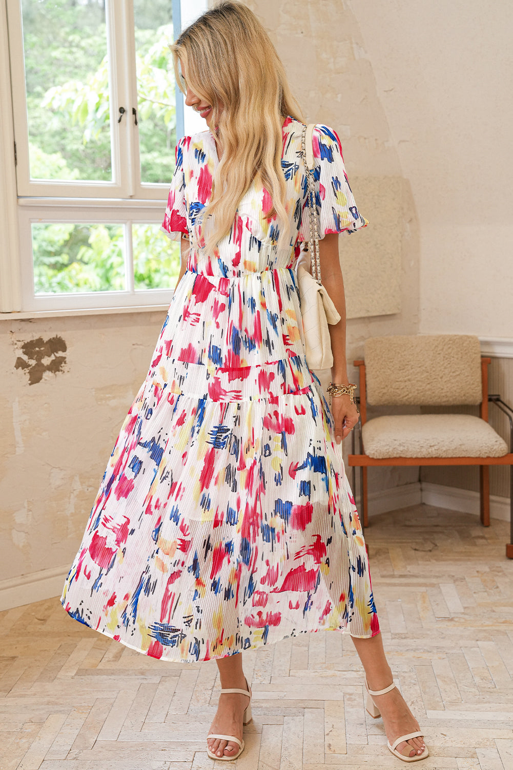 Rose Abstract Print Short Puff Sleeve Tiered Maxi Dress