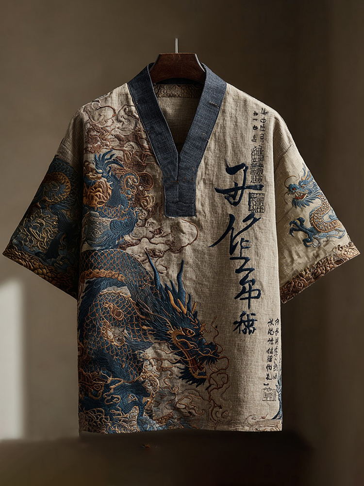 Men's Calligraphy With Dragon Art Print Short Sleeve Shirt