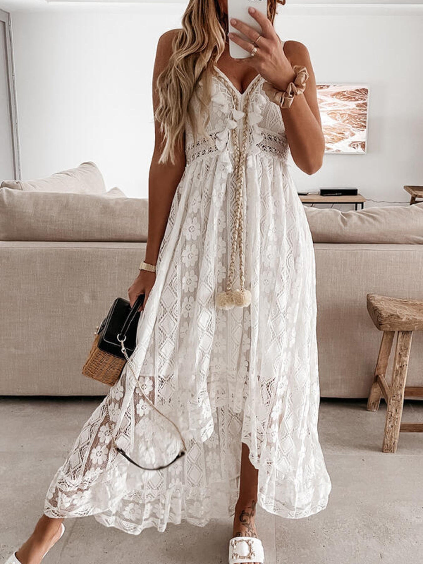 Plus Size Ruffled Lace V-Neck Maxi Dress