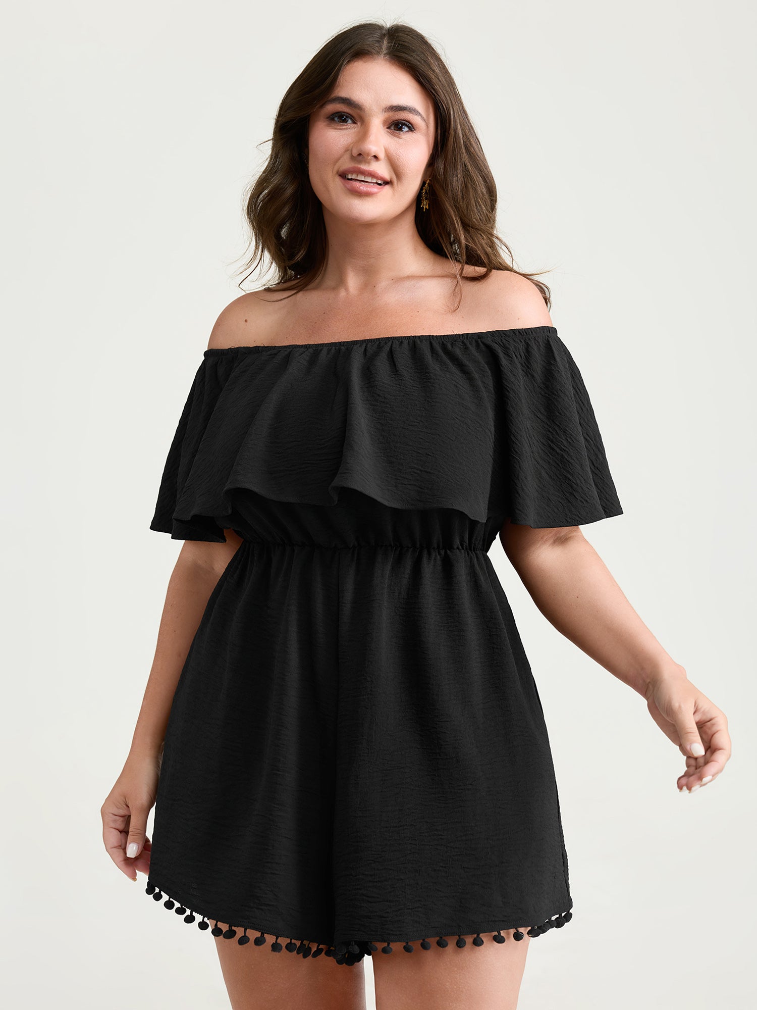 Off-Shoulder Tassel Hem Romper