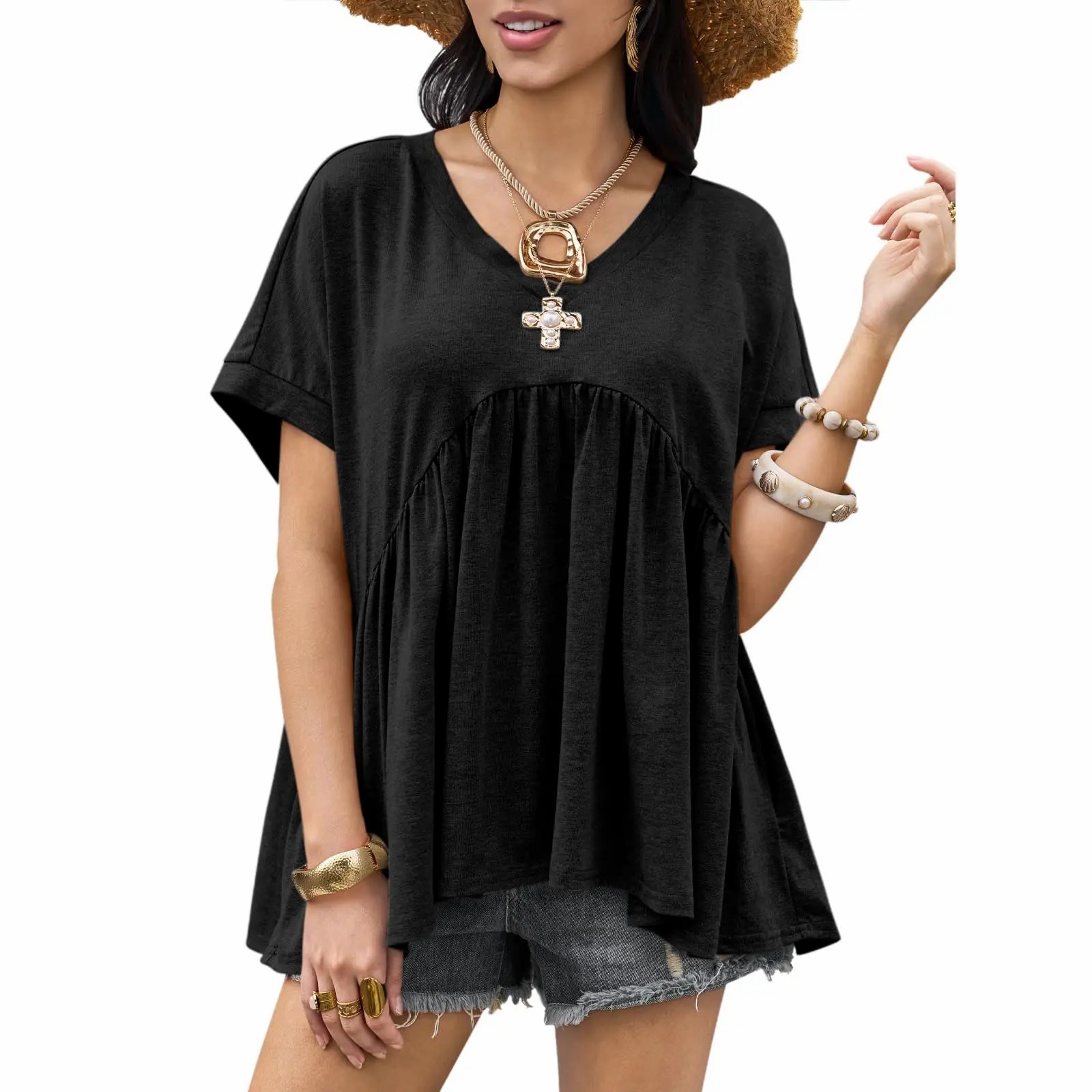 Women’s Flowing V-Neck Babydoll Peplum Blouse