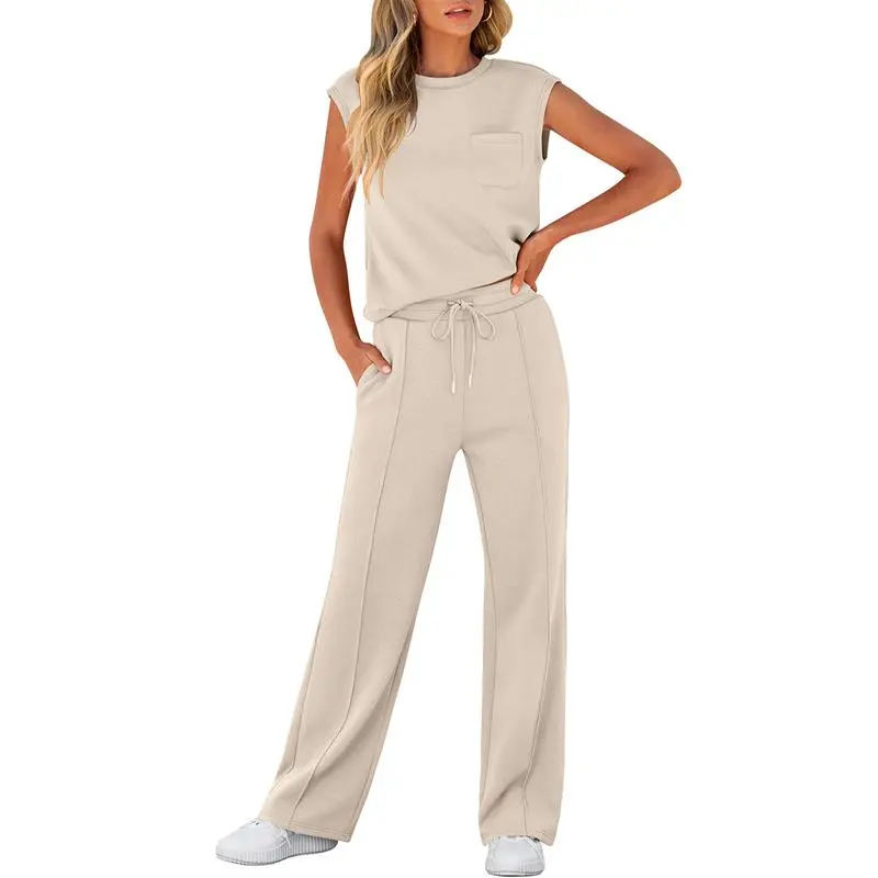 Women's 2 Piece Sleeveless Lounge Set – Casual Summer Tracksuit with Wide Leg Pants, Comfy Matching Outfit for Vacation & Everyday Wear