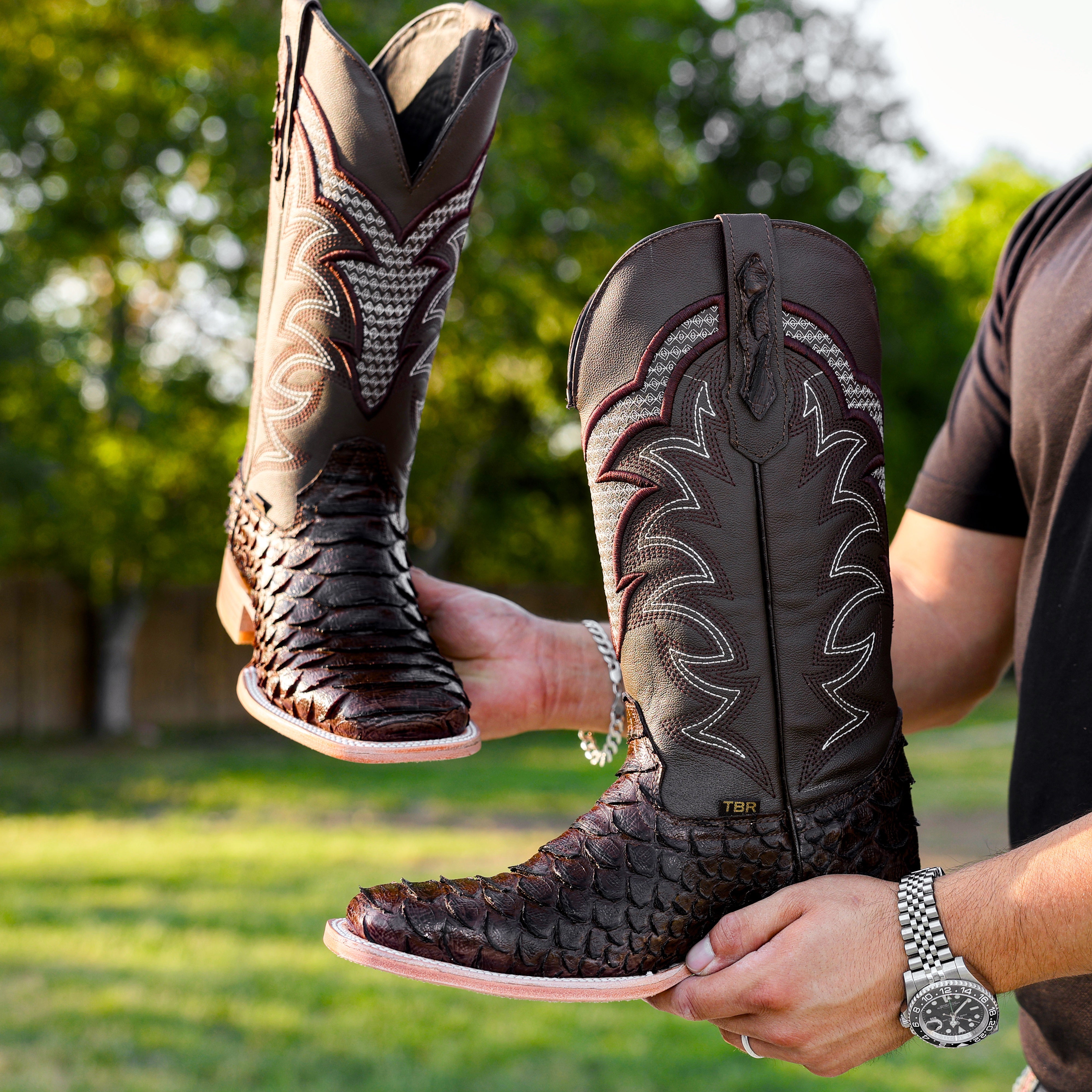 Brown Python Leather Boots - Square Toe