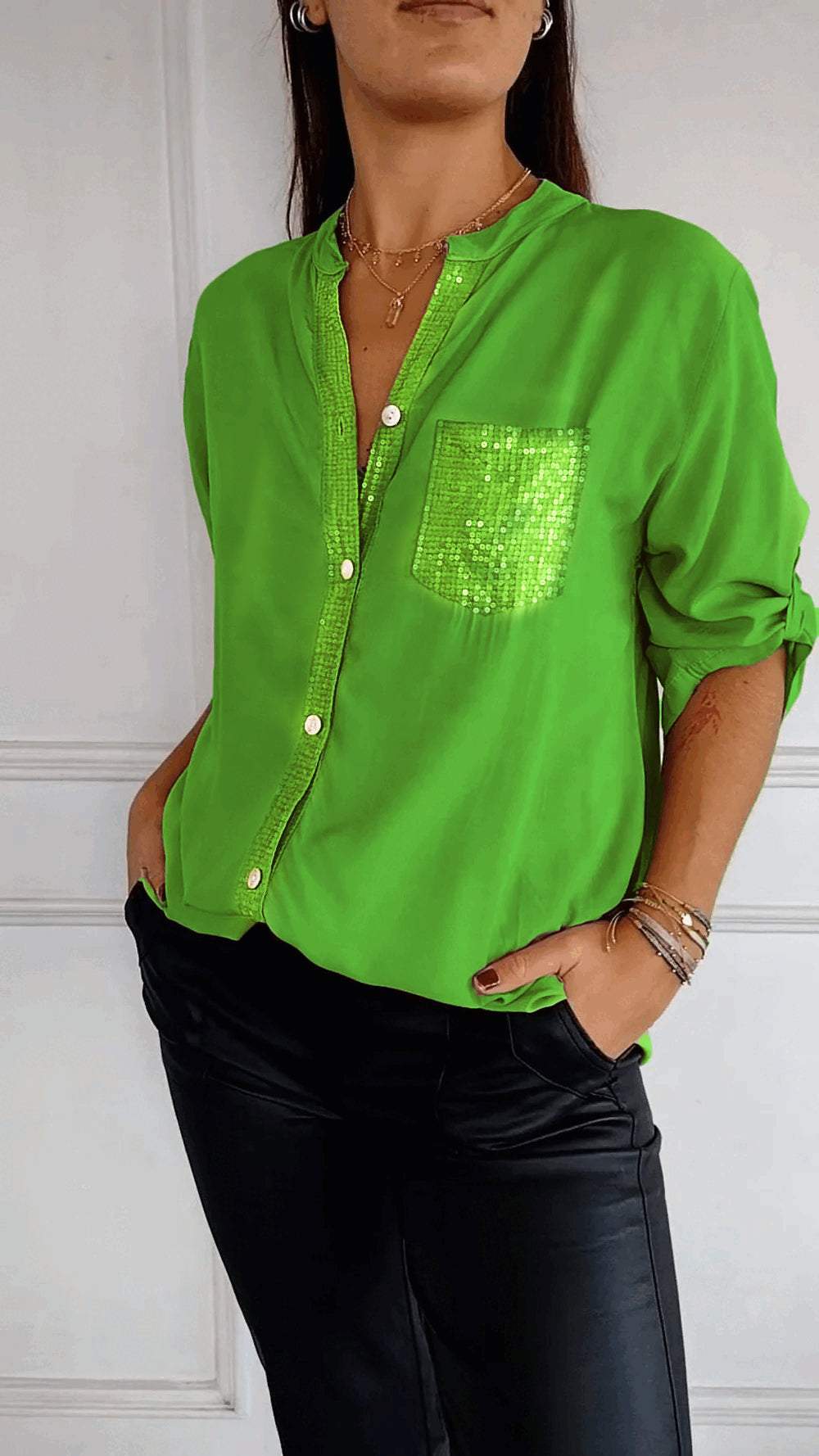 Women Cotton V-neck Sequin Mid-sleeve Casual Top