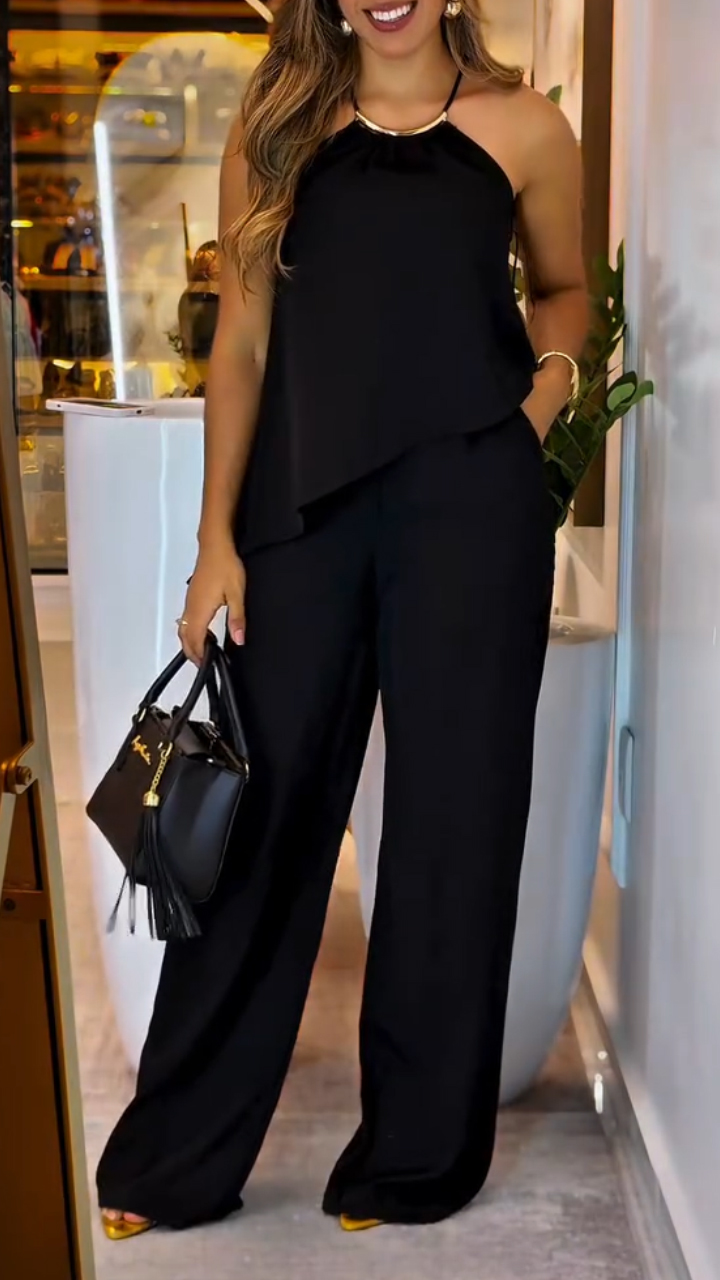 Women Neck Hanging Irregular Top + Pants Casual Suit