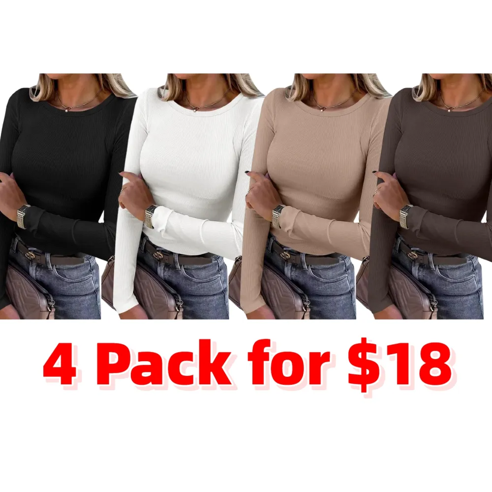 Women Long Sleeve Crewneck Rib Knit Slim Fit Shirts