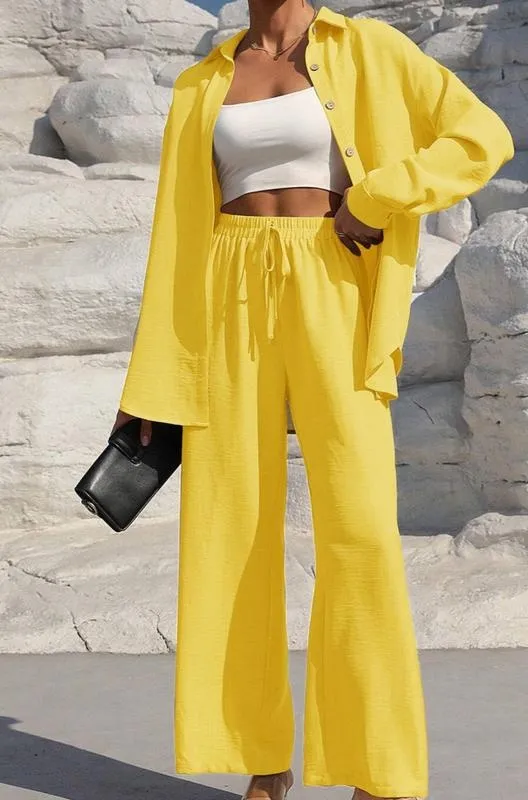 Women's Solid Button Front Shirt & Tie Front Wide Leg Pants (Under $3 a set!)