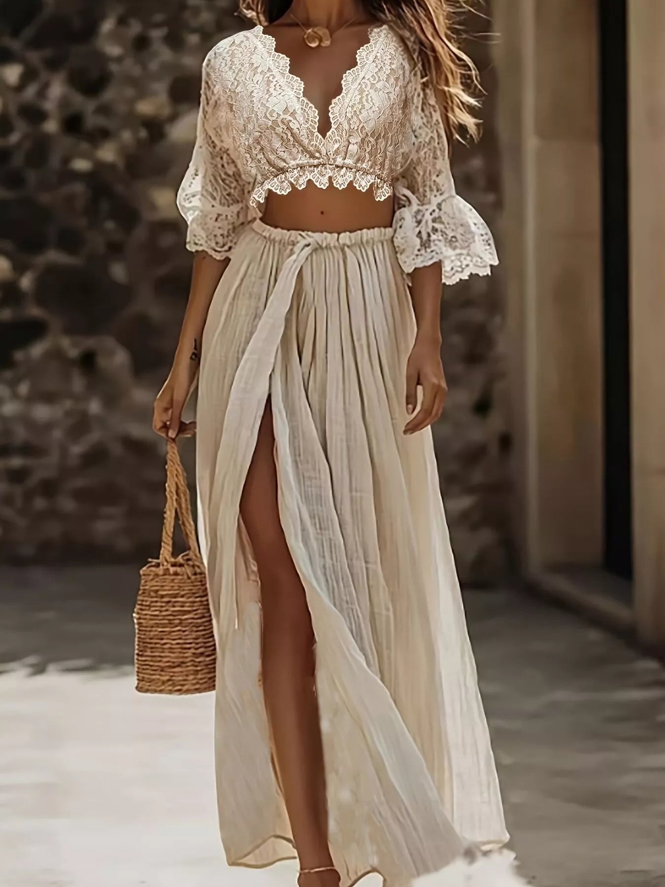 Lace Crop Top and Slit Maxi Skirt Set