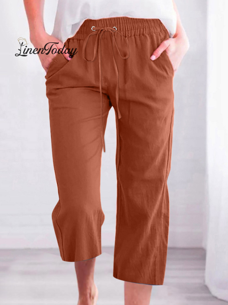Women's Casual Summer Linen Pants High Waisted Loose Yoga Sweatpants Crop Pants with Pockets