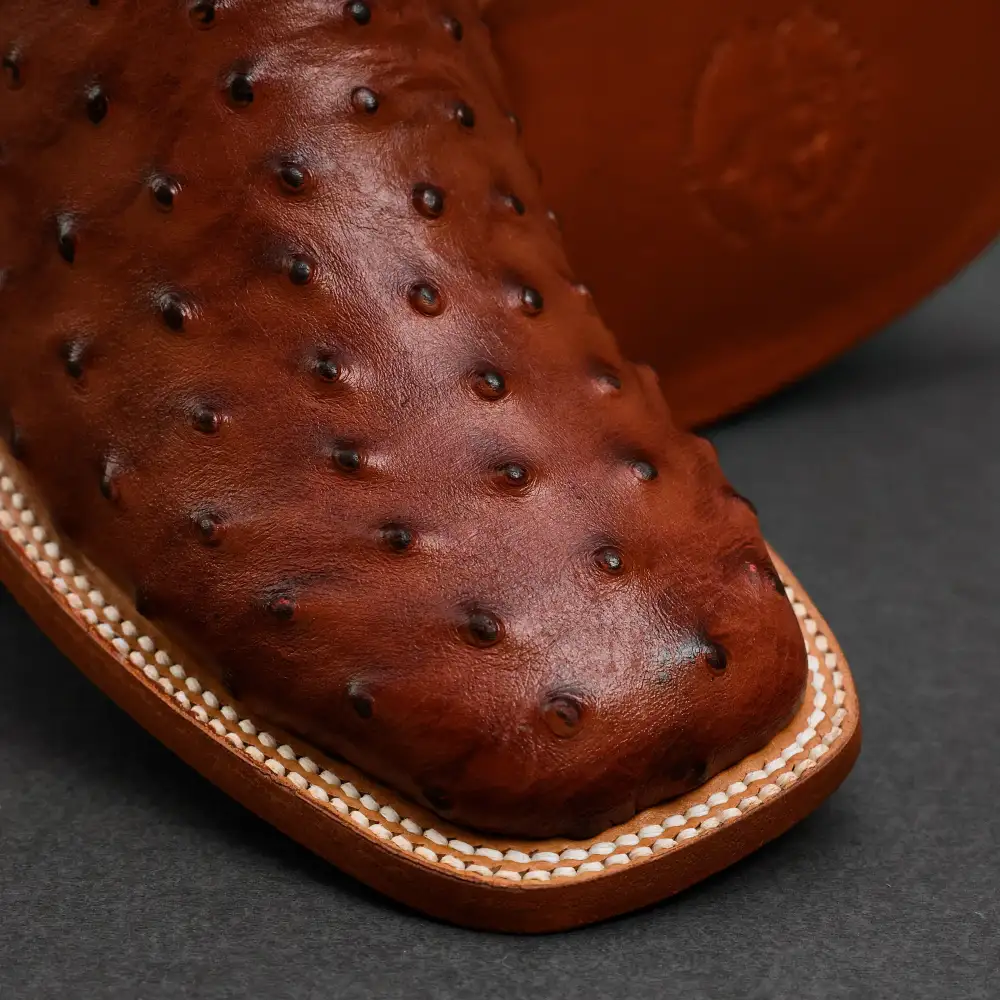 Cognac Ostrich Leather Boots - Square Toe