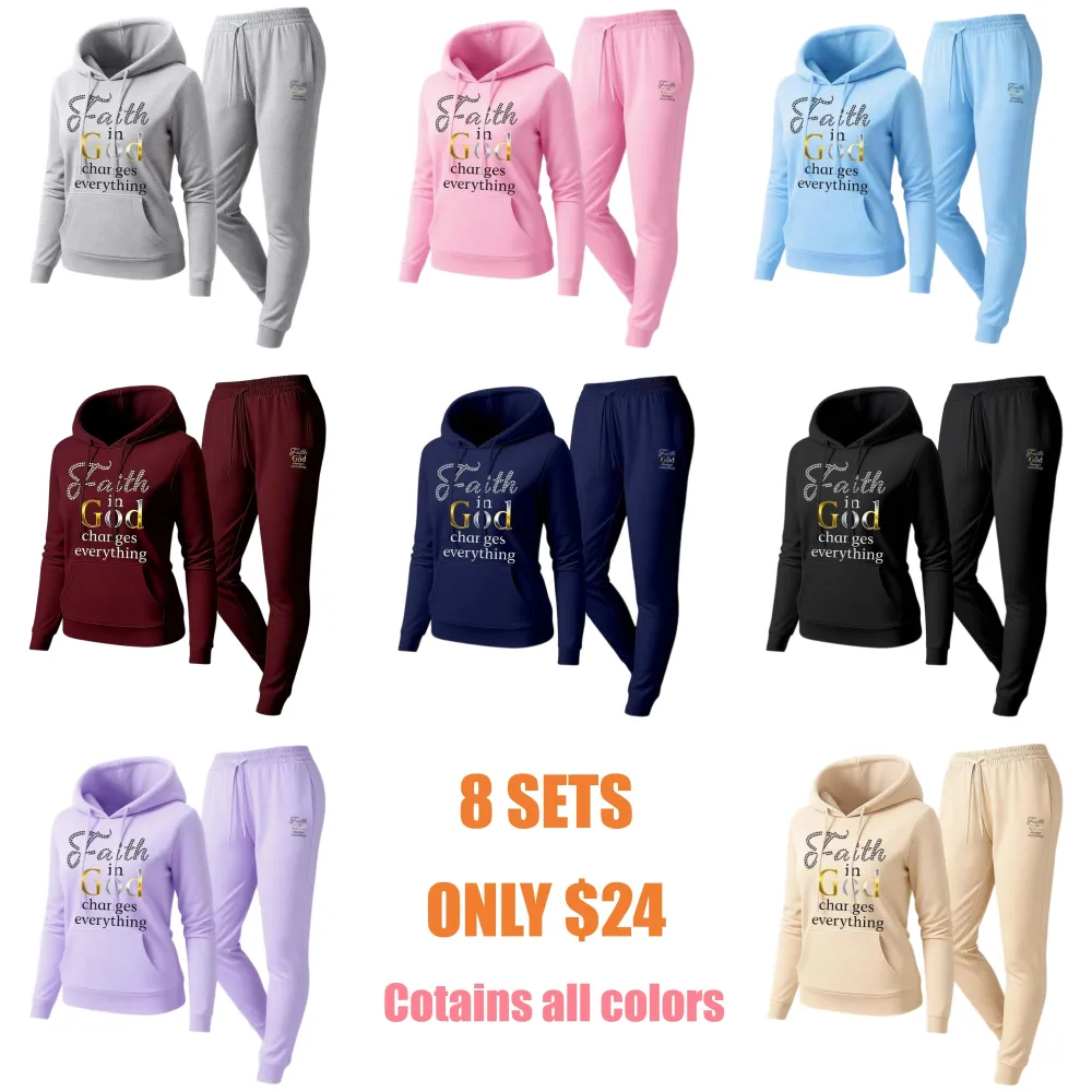 Women'S God Letter Print Hoodie And Drawstring Track Pants Set