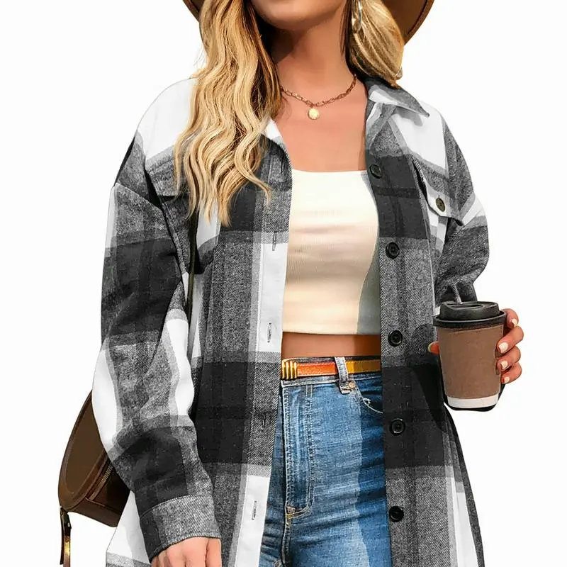 Women Plus Size Plaid Shacket  Coat