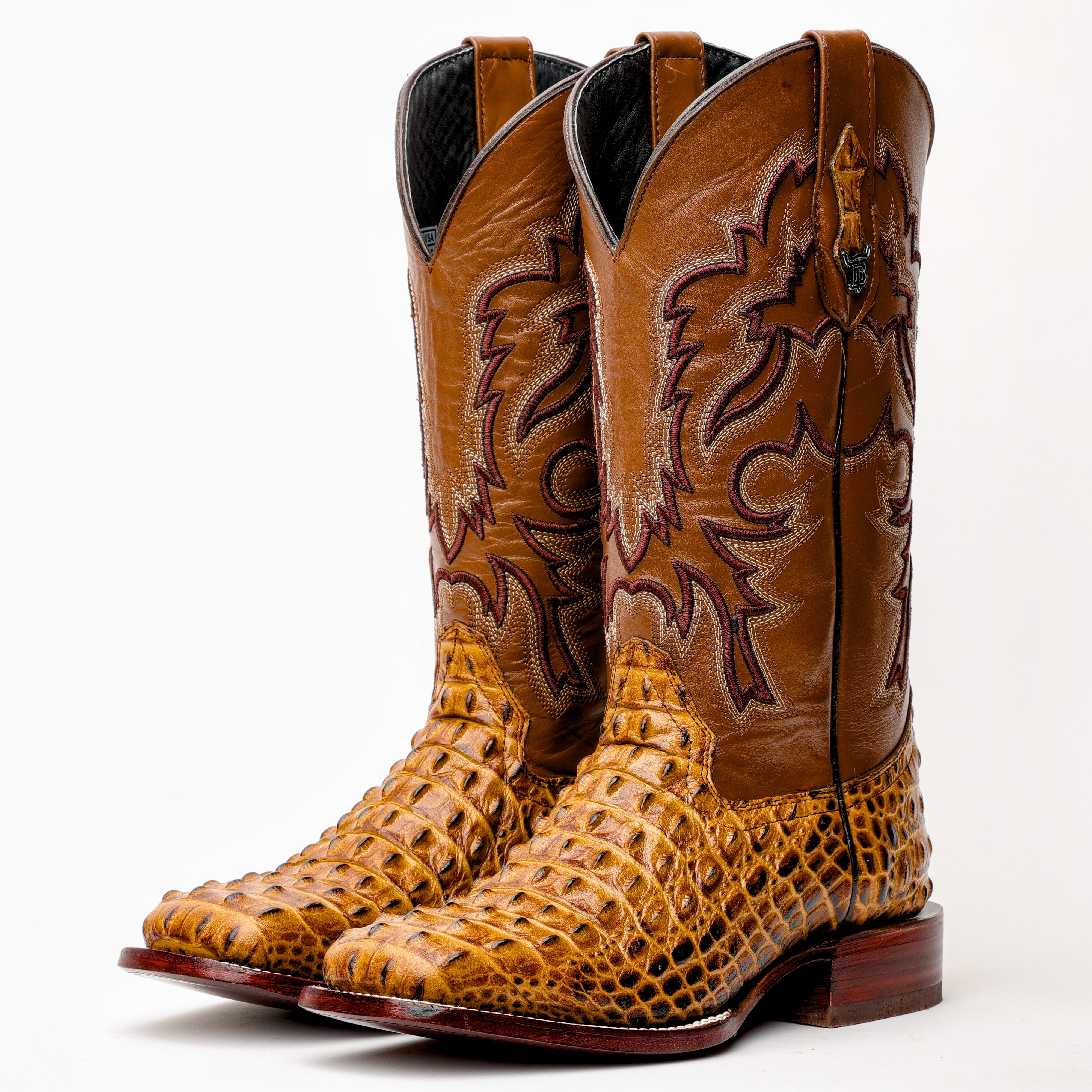 Honey Caiman Hornback Leather Boots - Square Toe