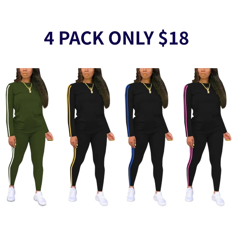 Women's Striped Print Long Sleeve Top & Pants Two-piece Set