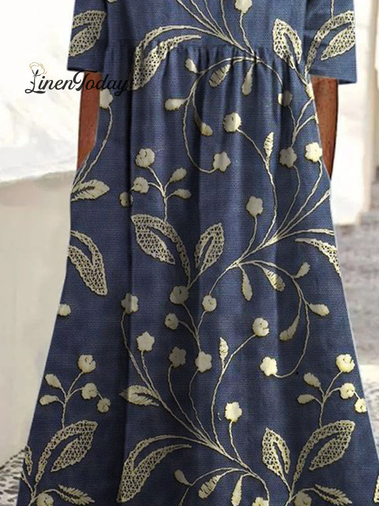 Women's Vintage Floral Art Print Pocket Cotton Dress