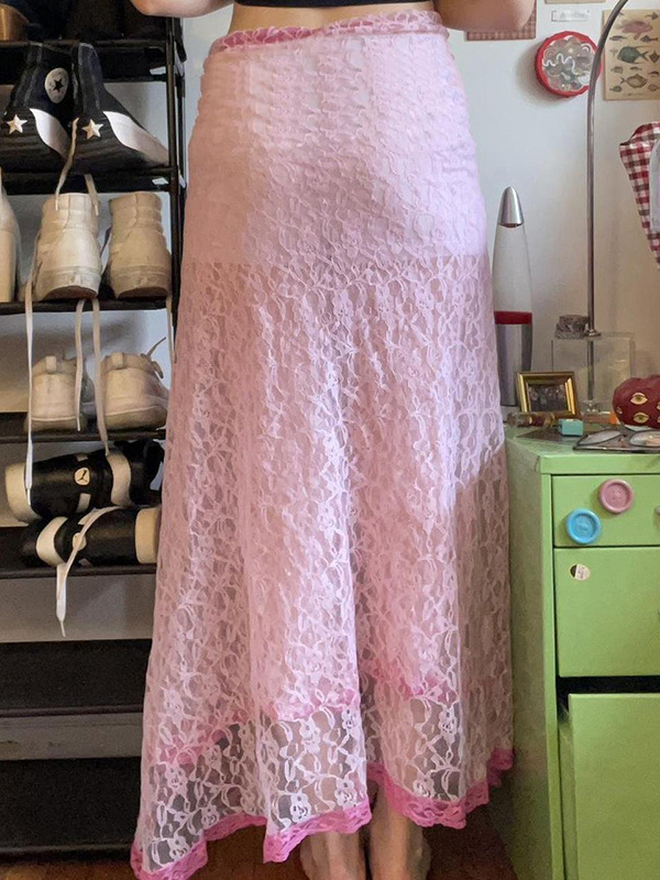Lace Multi-Layered Casual Irregular Edge Skirt In Pink