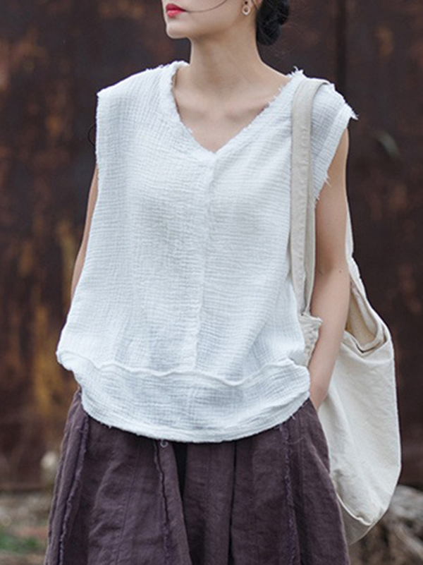Fringed Pleated Solid Color Split-Joint Loose Sleeveless V-Neck Vest Top