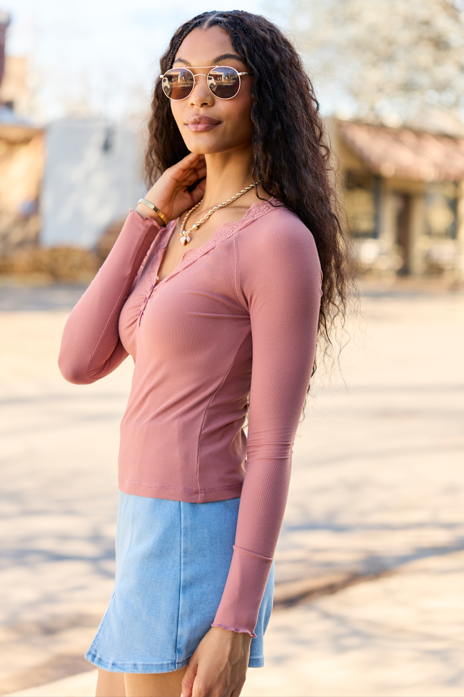 Amity Blush Long Sleeve Lace Trim Top
