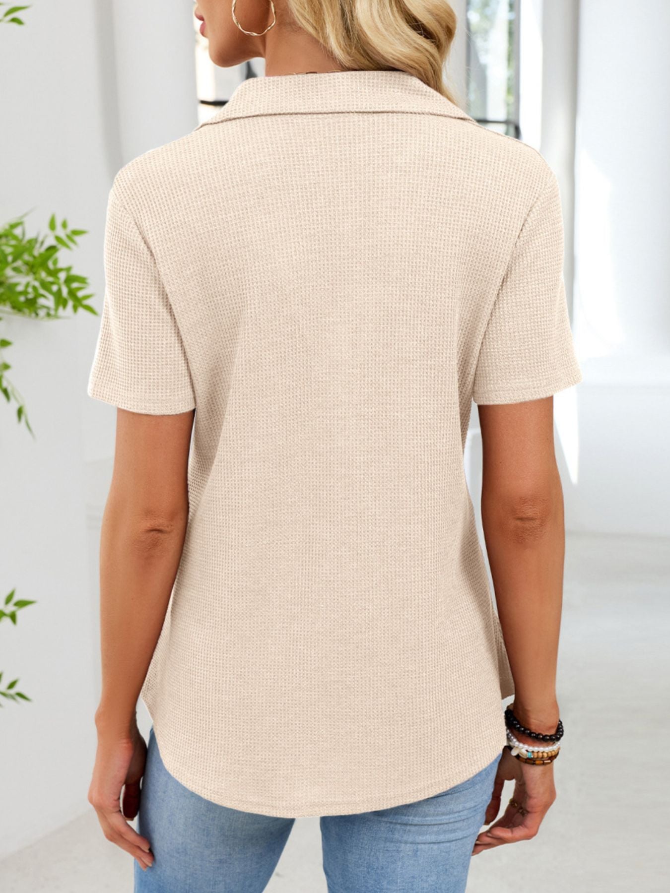 Waffle Knit Button Detail T-Shirt