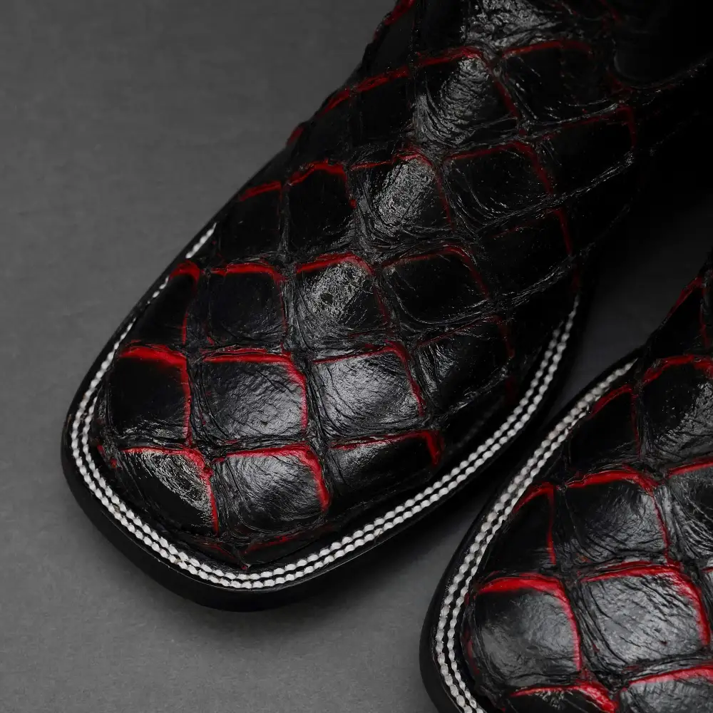 Black/Red TBR Pirarucu Leather Boots - Square Toe