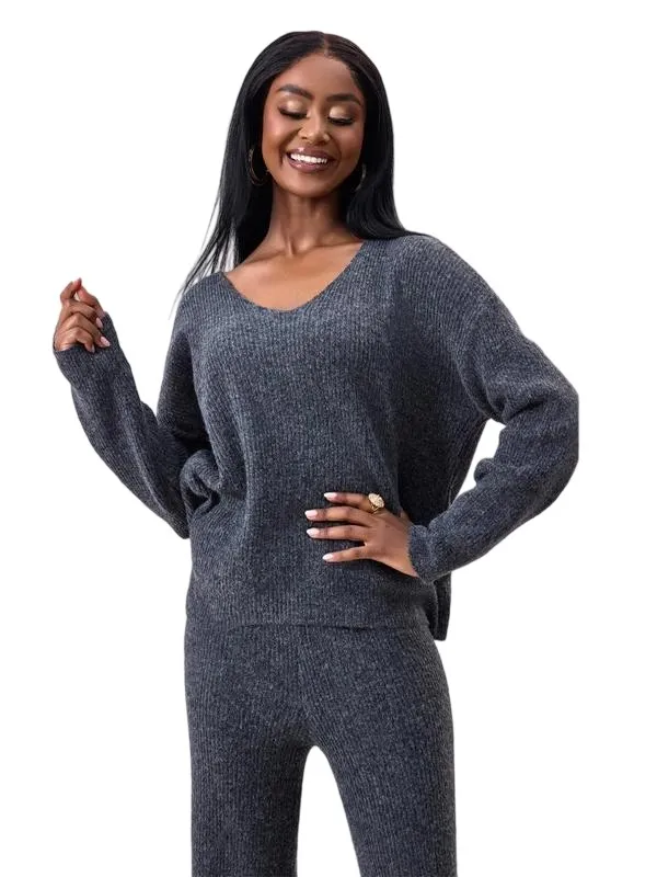 Two-piece Set Women's Solid Color Drop Shoulder Sweater & Pants